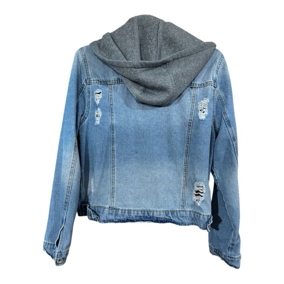 Ci Sono Light Blue Distressed Denim Jacket with hood Large EUC - Picture 2 of 5